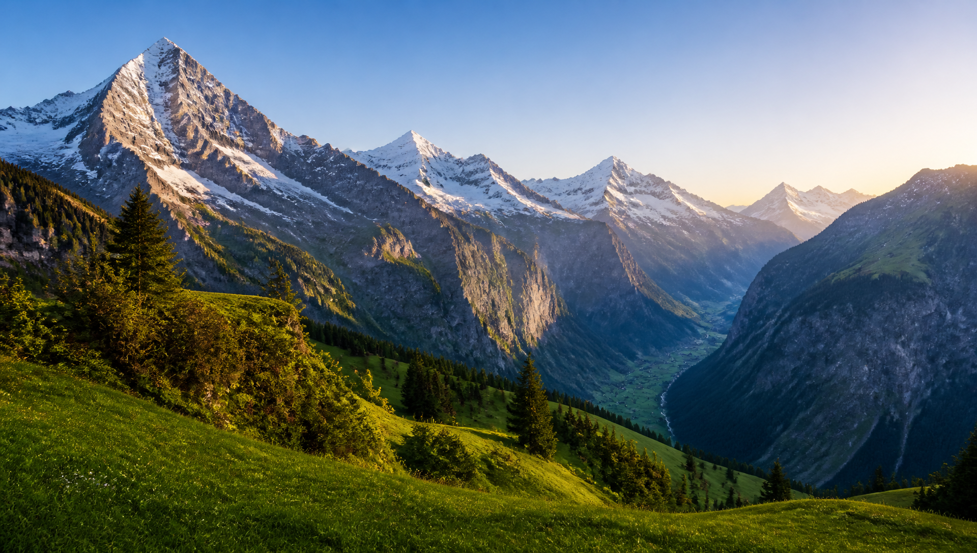 Swiss mountain valley at golden hour with lush green valleys and snow-capped peaks